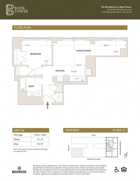 Unit N3 Floor Plan at Book Tower, Detroit, MI